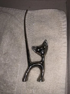 Vintage silberfarbene Katze mit langem Schwanz Ring Halter Strass Augen 2" x 6" - Bild 1 von 4