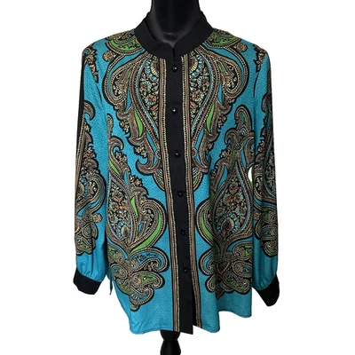 Blusa de Colección Bob Mackie Usable Art Top Para Mujer L Azul Paisley Botón Delantero Foto 1 de 4