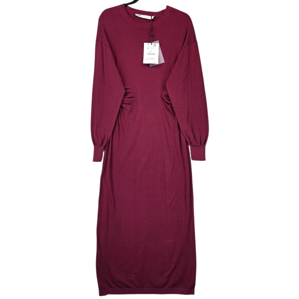 Vestido Zara Mujer Pequeño Borgoña Manga Larga Acanalado Cintura Recortes Maxi Algodón Foto 1 de 4