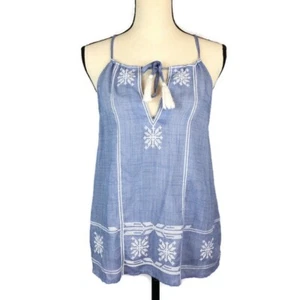 THML Blue White Embroidered Tank Tasseled Neck Womens XS Boho Lightweight FTM082 - Picture 1 of 11