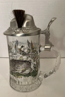 Clear Glass Hunter Hat Lid Stein Canadian Geese Boar Colored  Pattern 8" - image 1 of 4