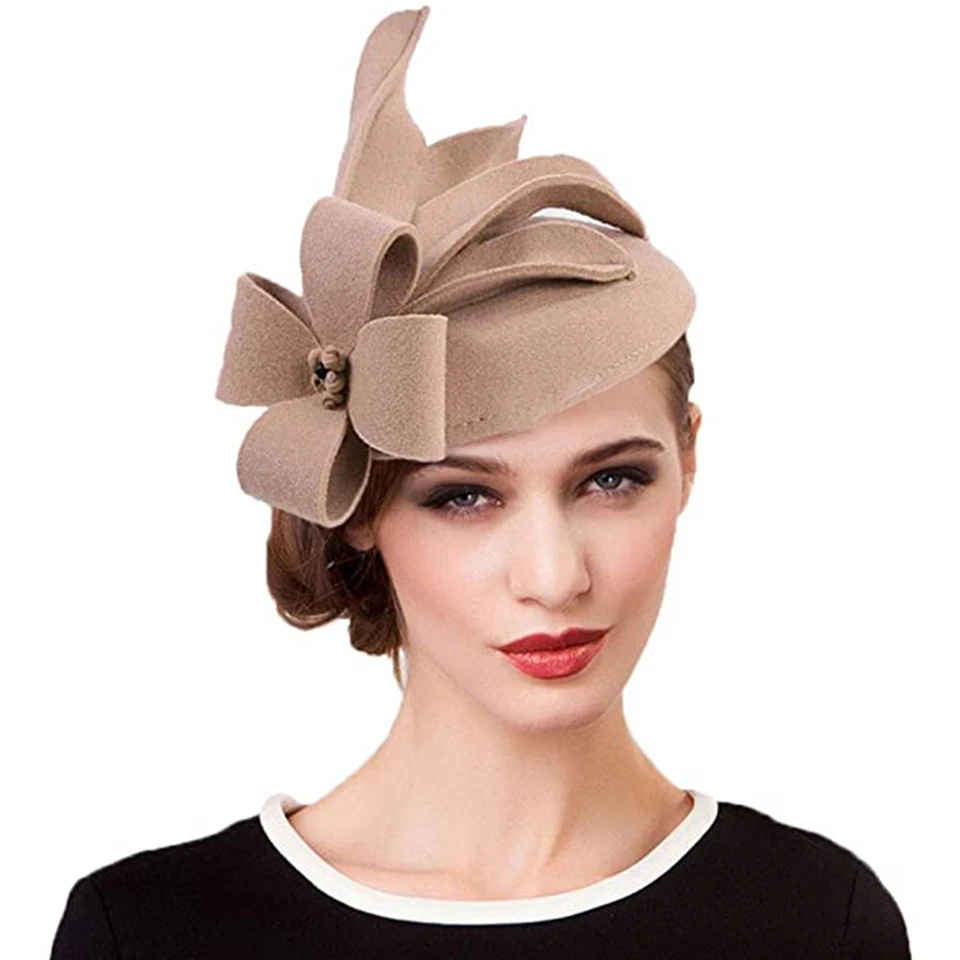 Elegante Boda Lana Fieltro Fascinador Cóctel Pastillero Sombrero Damas Floral Fedoras Foto 1 de 4