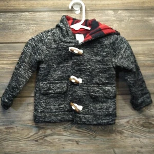 CARTER'S Baby Boy Hooded Sweater Jacket 9M Gray Black Red Plaid Toggle Buttons - Picture 1 of 11