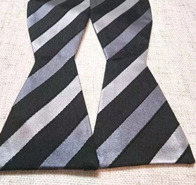 Men 100% Silk Black Gray Striped Bow Tie Adjustable Wedding Work Prom Party Luxe - Image 1 of 4