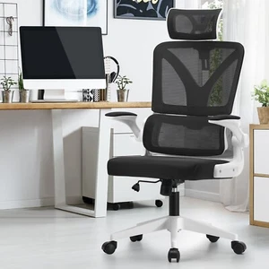 Oikiture Mesh Office Chair Adjustable Lumbar Support Reclining D-Shape WH&BK - Picture 1 of 10