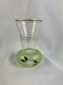 Vintage Mini Clear Glass Vase 4” Green Base Gold Rings Rim White Flower MCM - Picture 1 of 8