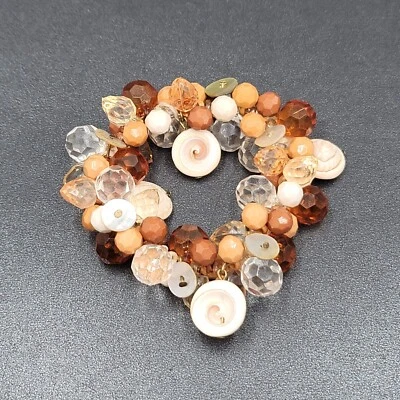 Cluster Bead Bracelet Faceted Acrylic and Shell Browns Creams Stretch Elastic - Image 1 of 4