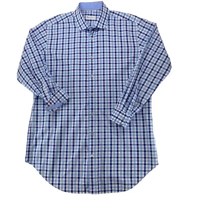 Robert Graham 对比袖口衬衫 47/18.5 高 36/37 蓝色格子可转换 — 第 1/4 张图片