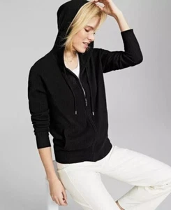 Charter Club Luxury 100% Cashmere Black Zip-Front Hoodie Sweater Cardigan XS - Picture 1 of 5