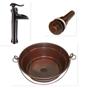 15" Round Copper BUCKET Vessel Bath Sink with ORB Faucet & LT Drain - Picture 1 of 5