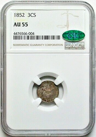 1852 3-CENT SILVER NGC AU55 CAC LOVELY ORIGINAL SKIN ON SMALLEST USA SILVER COIN Cover