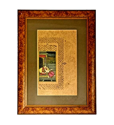 Antique Indian Persian Intimate Love Scene Mughal Royalty Illuminated Text 14x19 - Image 1 of 4