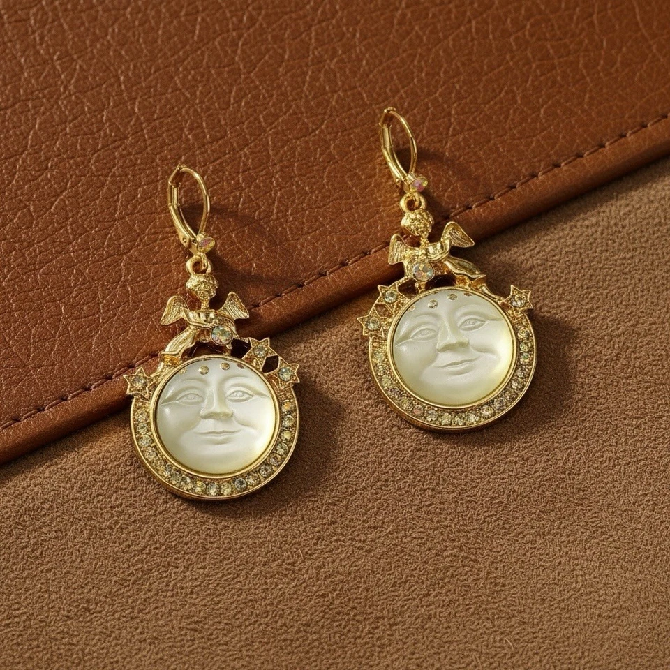 Pendientes Cara Luna Celestial Oro Estrella Ángel De Colección Perla Circonita Circonita Circonita Declaración Art Deco Foto 1 de 4