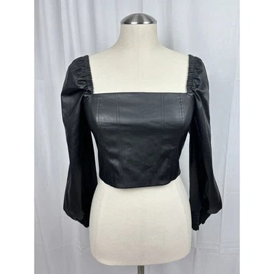 Top corto Avec Les Filles imitación cuero manga larga abullonada cuello cuadrado negro S Foto 1 de 4