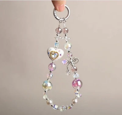 White Rhinestone Heart & Star Bow Beaded Glossy Shimmer Phone Wrist Strap Charm - Image 1 of 4