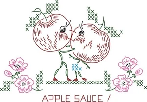 Animated FRUIT APPLE SAUCE embroidery transfer pattern IRON-ON tea towels # 678 - Picture 1 of 2