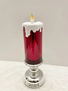 13" Illuminated Glitter CHRISTMAS HOLIDAY Pedestal Candle Flameless Red Silver - Picture 1 of 4