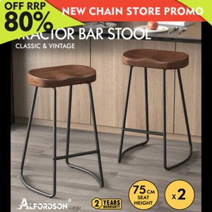 ALFORDSON 2x Bar Stools 75cm Tractor Kitchen Wooden Vintage Chair Dark - Picture 1 of 12