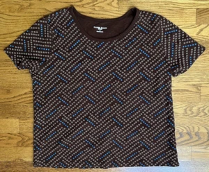 Karen Scott Sport braun, blau & weiß geometrisches Muster Kurzarm Shirt Größe L - Bild 1 von 13