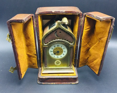 French Antique Bronze Turkish Design Rare Alarm Carriage Clock & Original Box Cover