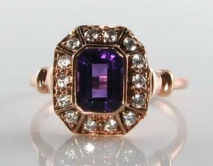 CLASS 9CT 9K ROSE GOLD DARK AMETHYST & DIAMOND ART DECO INS RING FREE RESIZE - Picture 1 of 5