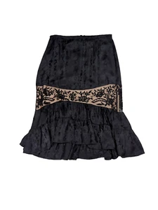 Tracy Reese Black Silk Midi Skirt Beaded Lace Ruffle Hem Whimsigoth Dark Romance - Picture 1 of 8