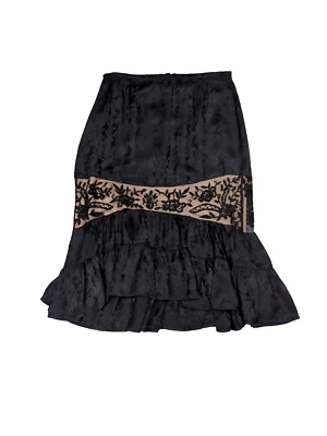 Tracy Reese Black Silk Midi Skirt Beaded Lace Ruffle Whimsigoth Dark Romance 8 - Image 1 of 4