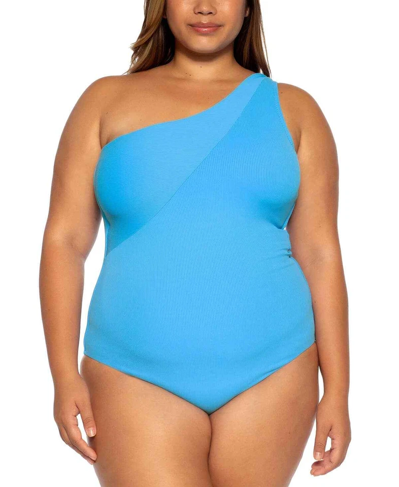 Becca ETC BLUE Plus Size Asymmetrical-Neck One Piece Swimsuit 1X(16-18)