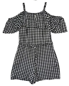 Plus Size Black Gingham Cold Shoulder Romper 1X Tie Waist Pockets NWT - Picture 1 of 5