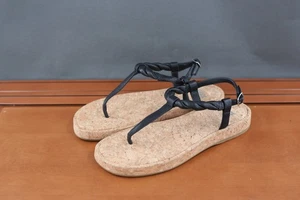 Paige Dawn Sandals Shoes Womens 7.5 Black Cork Thong Braided Strap Flat Summer - Picture 1 of 10