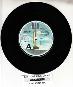 RACEY Lay Your Love On Me 7" 45 rpm vinyl record + juke box title strip - Picture 1 of 2