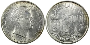 ROMANIA Mihai I Silver 1946 25000 Lei 32mm 1 Year Type XF+ KM# 70 (24 293) - Picture 1 of 3