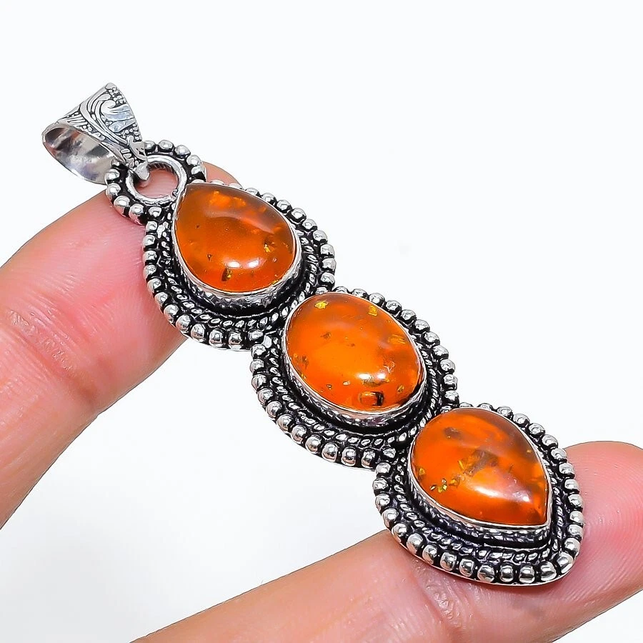 Amber Gemstone Handmade 925 Sterling Silver Jewelry Pendant Sz 2.50" - Image 1 of 1