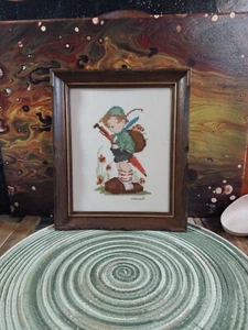 Vintage Hummel Kreuzstich Kinder mit Regenschirm sonniges Wetter gerahmt Oma Kopf - Bild 1 von 8