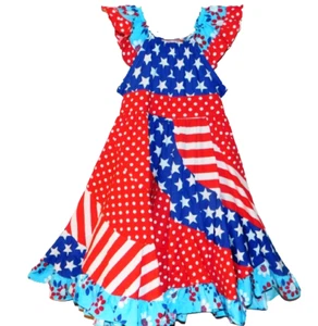 NWT JELLY THE PUG 4 RED ROYAL BLUE AMERICANA POLKA DOTS & STARS FLO TWIRL DRESS - Picture 1 of 6