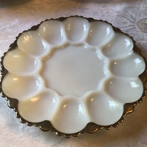 Vintage Anchor Hocking Milk Glass Deviled Egg Plate with Gold Trim Ornate Bottom - Picture 1 of 8