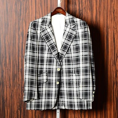 36S 短复古 70 年代 Mod 黑白格子亚麻宽翻领运动外套西装外套 XS — 第 1/4 张图片