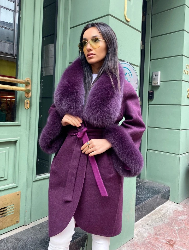 100% Alpaca Women's Winter Coat Real Fox Fur Long Overcoat Stylish Dark Purple - Image 1 of 3