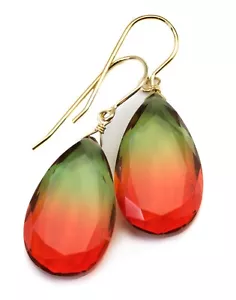 Watermelon Tourmaline Earrings Bicolor Yellow Pink Teardrops Sterling 14k Gold - Picture 1 of 4