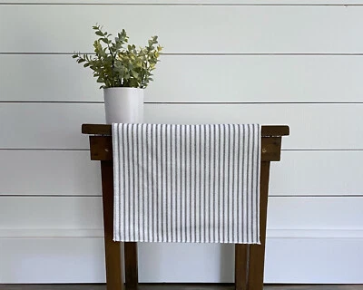 Black and White Ticking Stripe Table Runner Farmhouse Vintage Kitchen Home Decor - Image 1 of 4