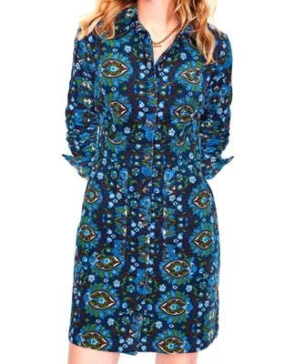 BODEN Floral Corduroy Shirt Dress 10 / UK 14 Blue/Multi LN - Image 1 of 4