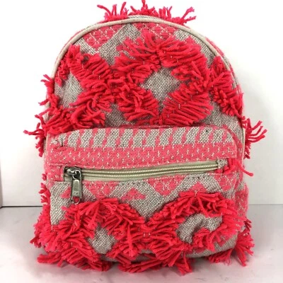 Mini Backpack Small Travel Bag with Front Pocket Tan Canvis Pink Yarn Retro Look - Image 1 of 4