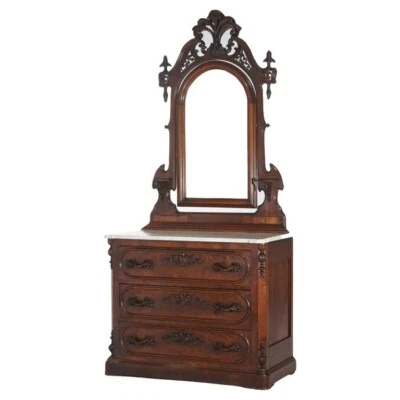 Antique Victorian Carved Walnut Marble Top Dresser with Mirror C1880 - Image 1 of 4