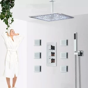 Thermostatic 16 In LED Chrome Shower Faucet System Massage Jets Ceiling Mounted - Picture 1 of 11