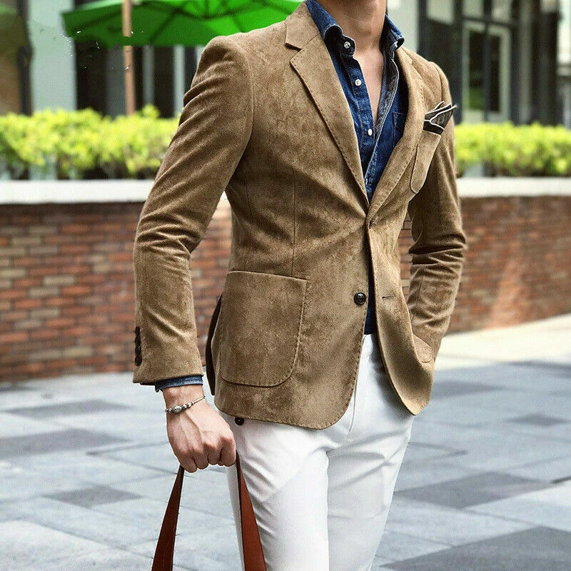 Khaki Suede Men's Blazer Casual Sports Slim Fit British Style Slim Fit Coat - Image 1 of 4