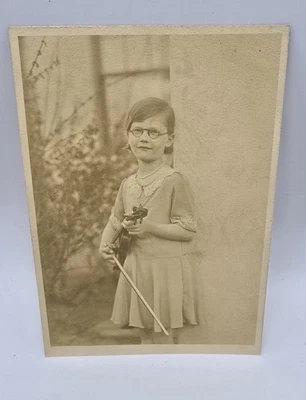 Vintage 1920’s era Portrait Sepia Photo-Well Dressed Young Girl Violin Glasses - Image 1 of 4