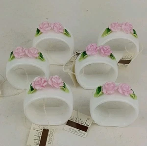 Juego de 6 servilleteros de colección de porcelana blanca rosa rosa flores aplicadas 2,25" x 2" C - Imagen 1 de 8