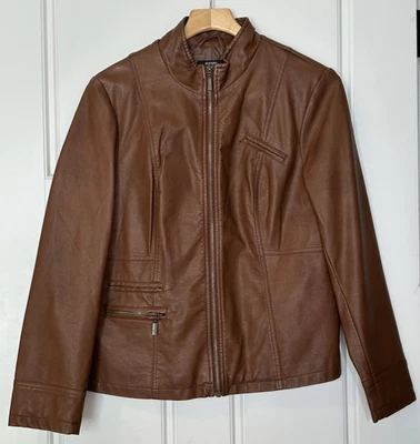 Women's Alfani Brown Full Zip Faux Leather Lined Jacket size L Large - GR1 - Image 1 of 4