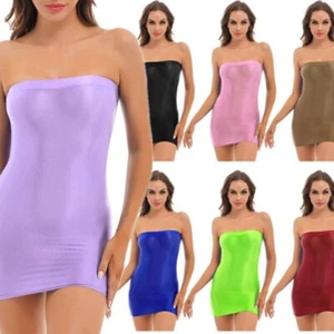 Womens Oil Glossy Sleeveless Mini Tube Dress Strapless Sexy Short Pencil AU - Picture 1 of 120