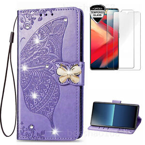 Bling Butterfly Wallet Phone Case & 2 Glass Screen Protector Film & 2 Straps C